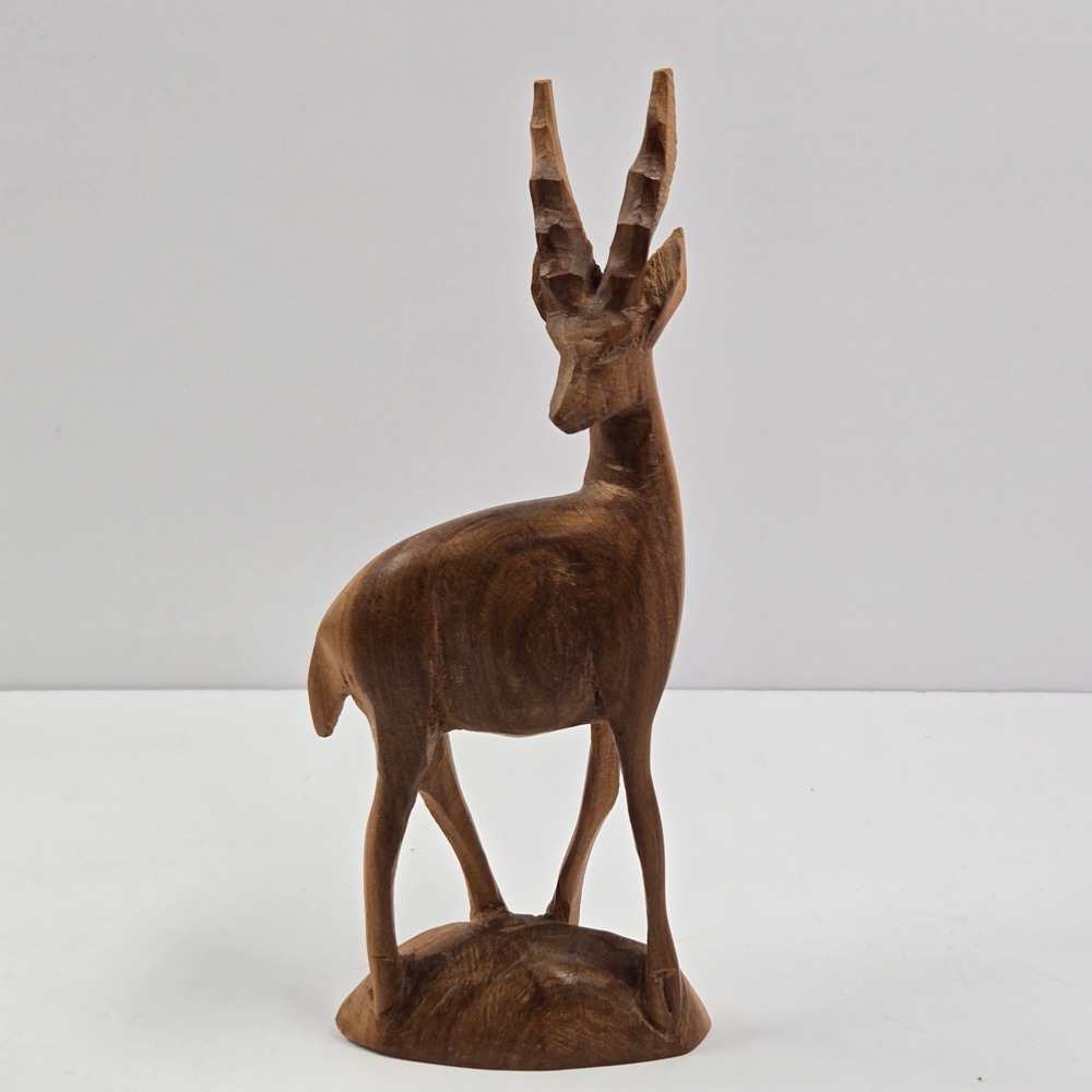 Vintage Hand Carved Wooden Deer BESMO Kenya African Wood Sculpture Mid Century